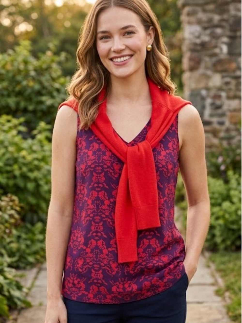 CABI Modern Cameo Magenta Face Figure Patterned Tank Top Size M